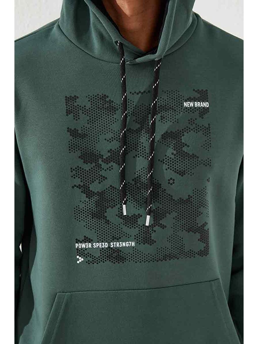 Yeşil Kamuflaj Desen Baskılı Standart Kalıp Kapüşonlu  Erkek Hoodie - 87884-3