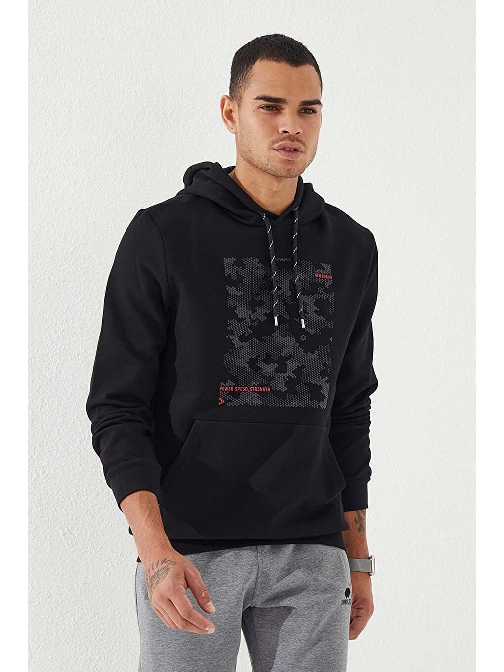 Siyah Kamuflaj Desen Baskılı Standart Kalıp Kapüşonlu  Erkek Hoodie - 87884-2