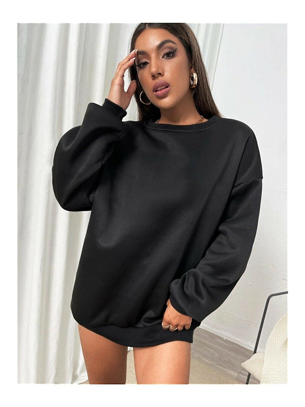 Trendseninle Siyah Kadın SİYAH Bisiklet Yaka Düz Sweatshirt