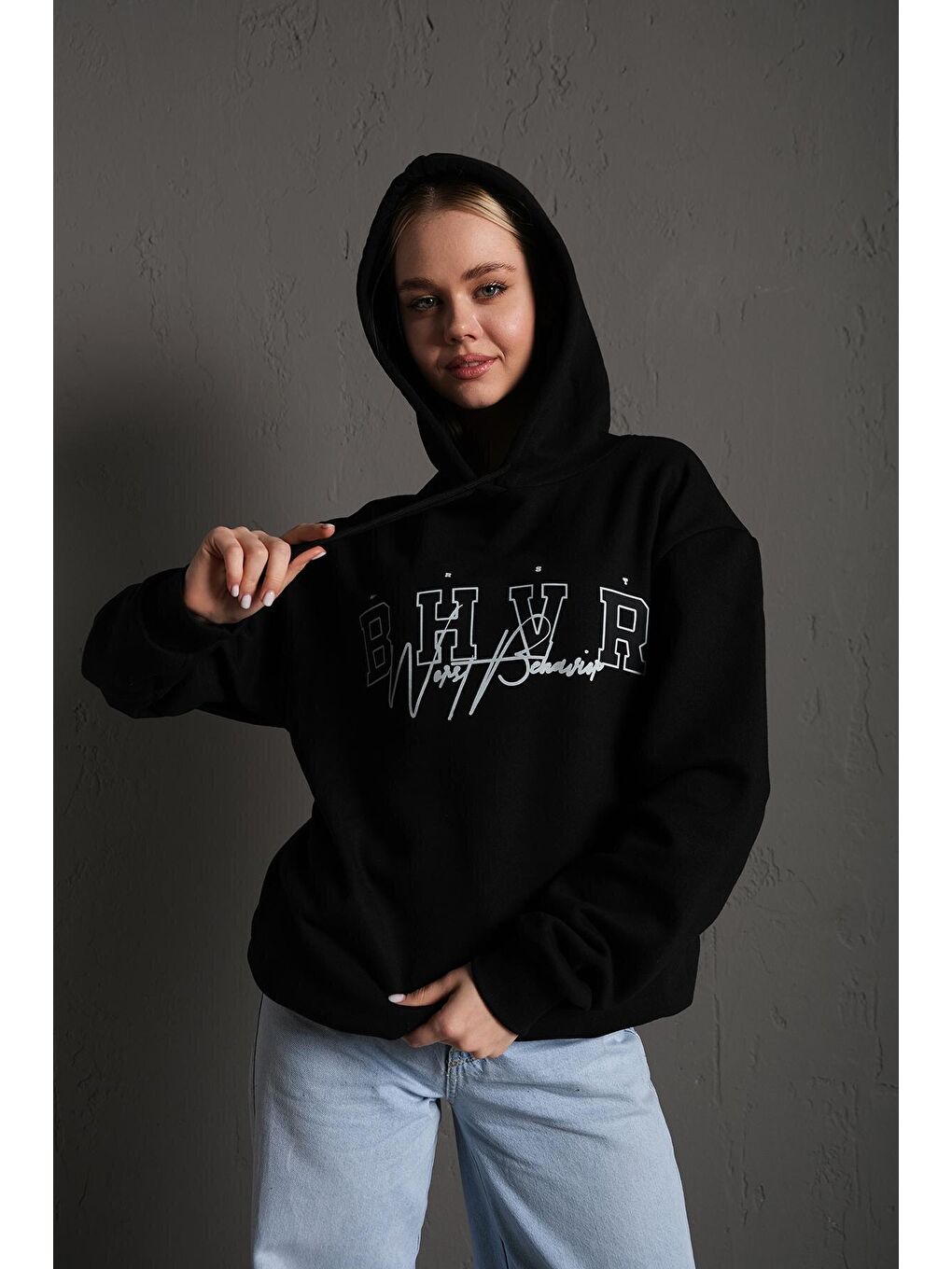 Trendseninle Siyah Kadın Bhvr SİYAH Kapüşonlu Sweatshirt - 1