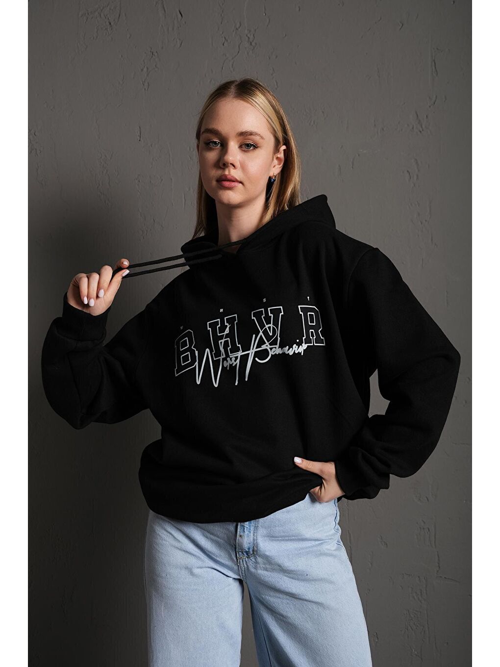 Trendseninle Siyah Kadın Bhvr SİYAH Kapüşonlu Sweatshirt - 2