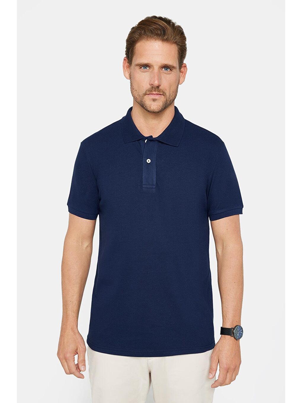 Erkek Slim Fit Dar Kesim %100 Pamuk Düz Pike Lacivert Polo Yaka Tişört-1