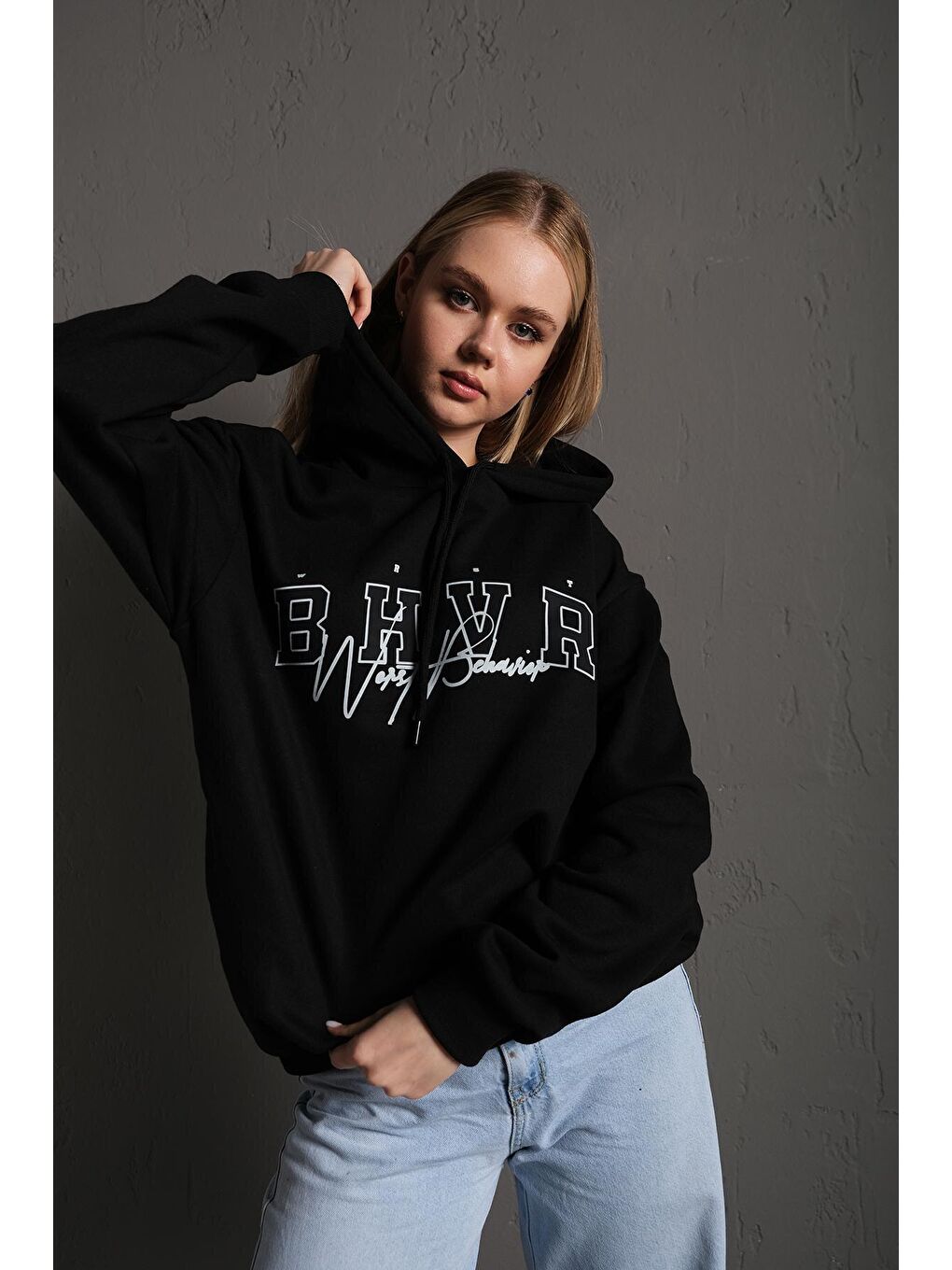 Trendseninle Siyah Kadın Bhvr SİYAH Kapüşonlu Sweatshirt - 3