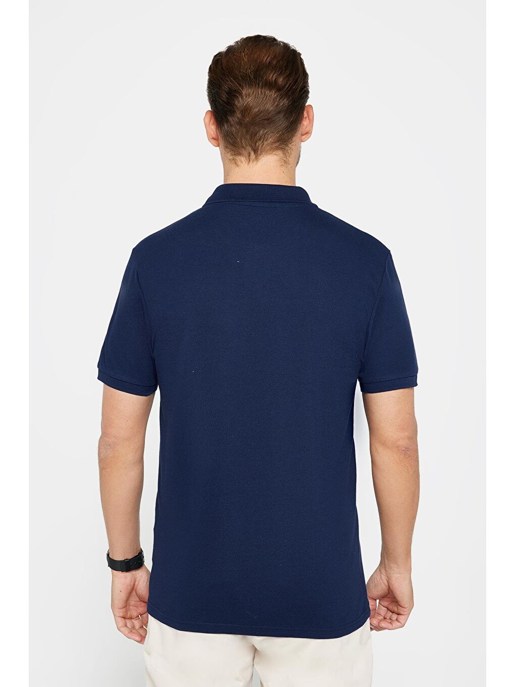 Erkek Slim Fit Dar Kesim %100 Pamuk Düz Pike Lacivert Polo Yaka Tişört-4