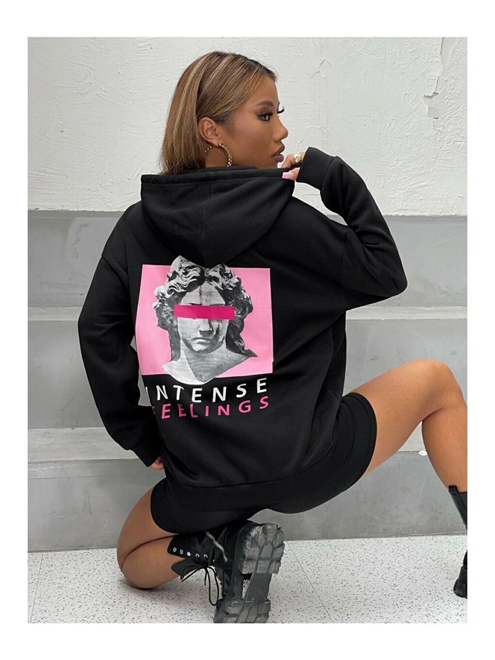 Trendseninle Siyah Unisex SİYAH Intense Baskılı Kapüşonlu Oversize Sweatshirt Hoddie