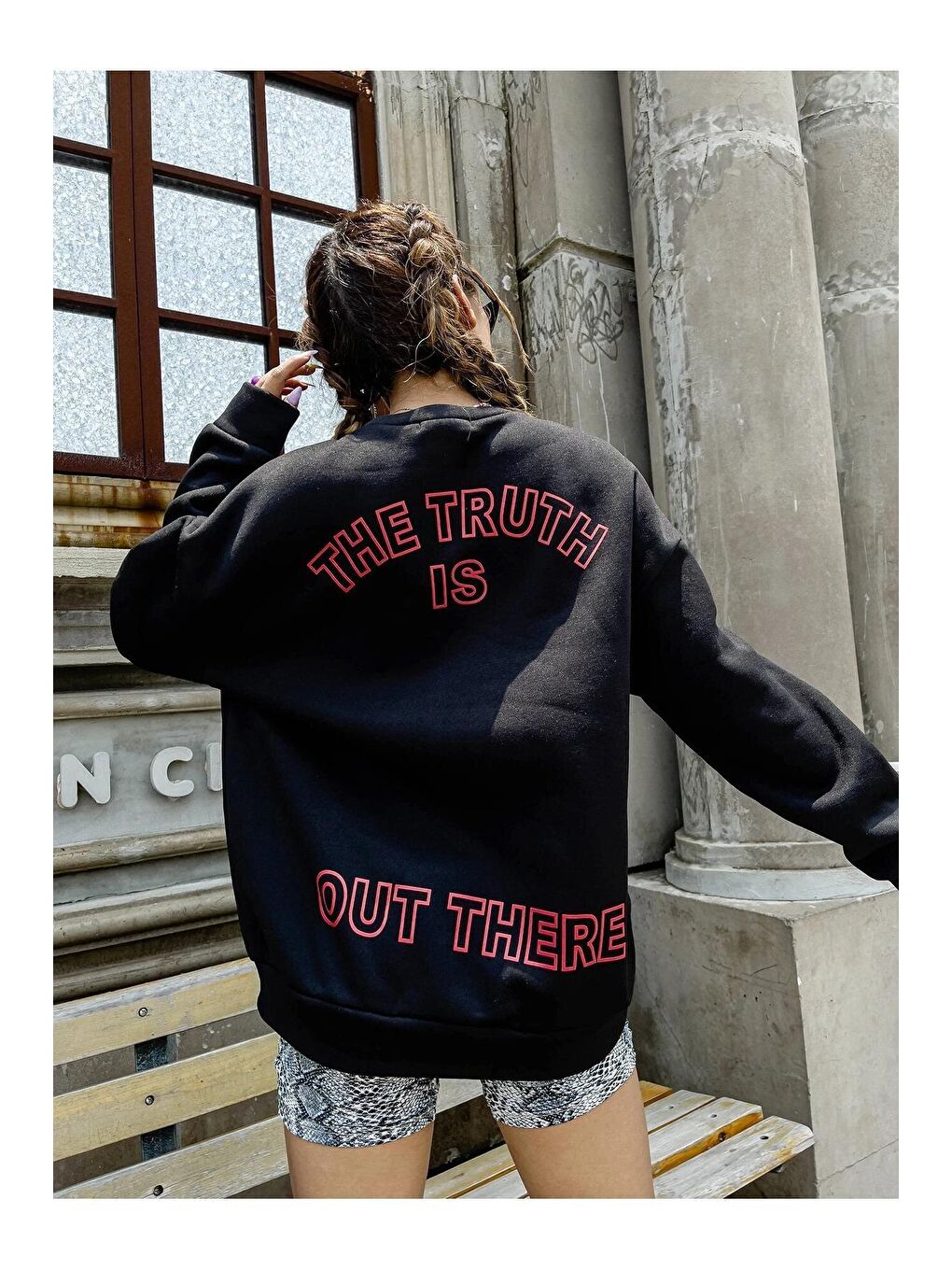 Siyah Kadın SİYAH Önü Dream Yazılı Sırt Truth Baskılı Oversize Sweatshirt-1