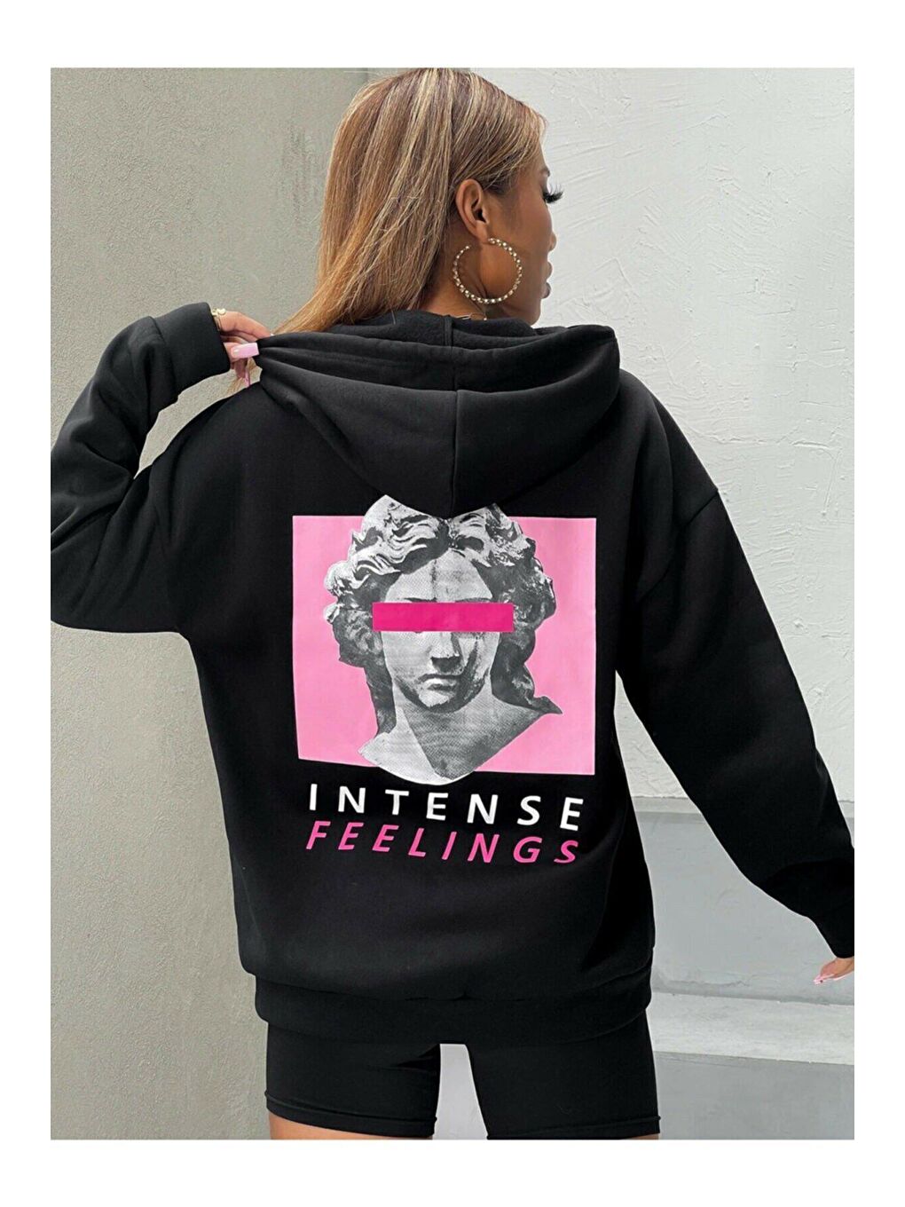 Trendseninle Siyah Unisex SİYAH Intense Baskılı Kapüşonlu Oversize Sweatshirt Hoddie - 1