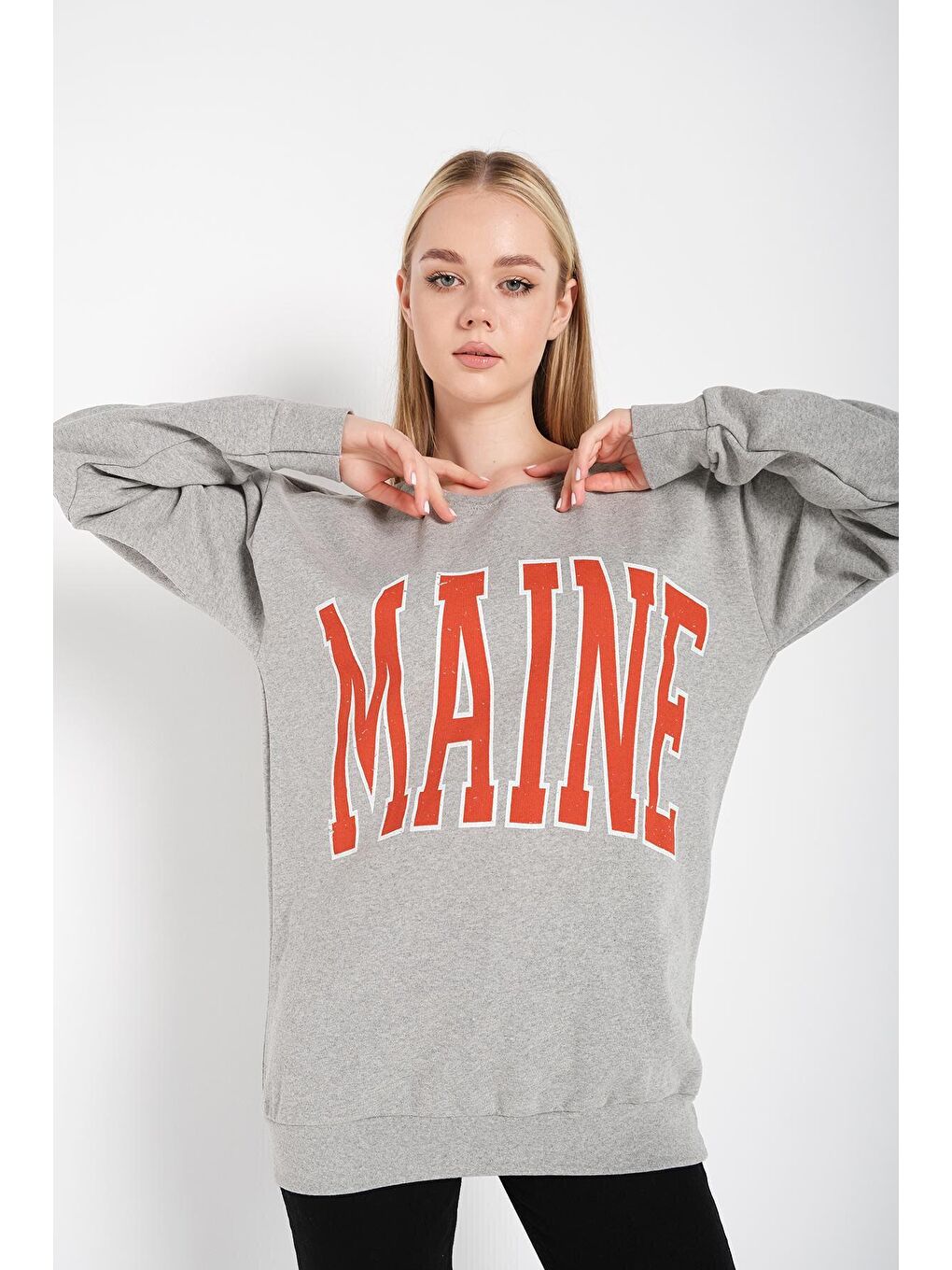 Gri Kadın GRİ Maine Yazılı Sweatshirt-1