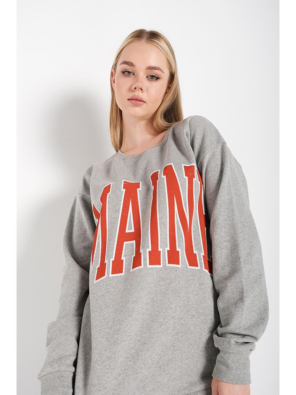 Gri Kadın GRİ Maine Yazılı Sweatshirt-2