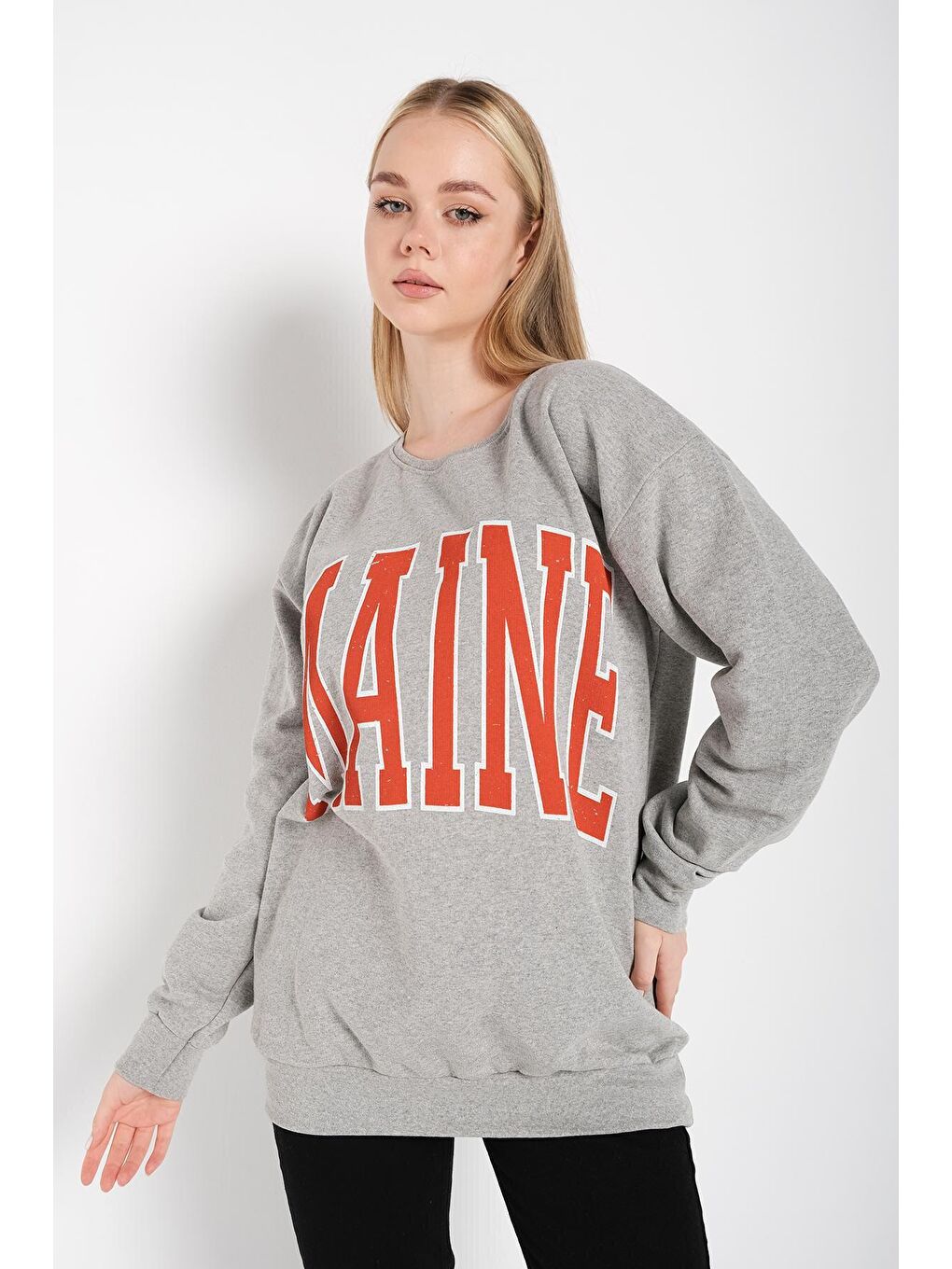 Gri Kadın GRİ Maine Yazılı Sweatshirt-3