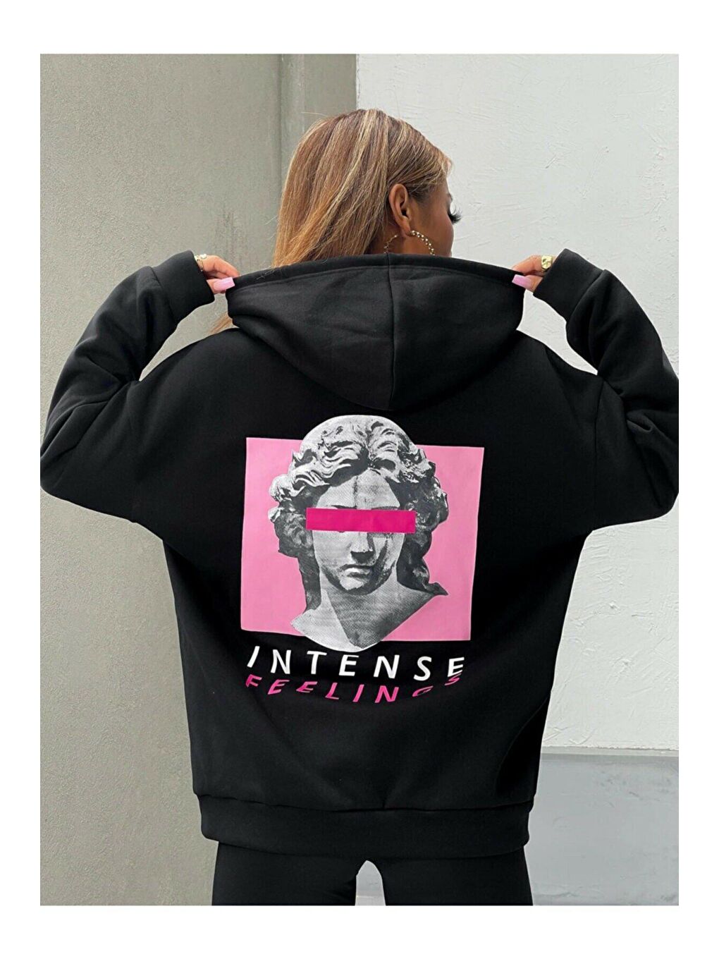 Trendseninle Siyah Unisex SİYAH Intense Baskılı Kapüşonlu Oversize Sweatshirt Hoddie - 4