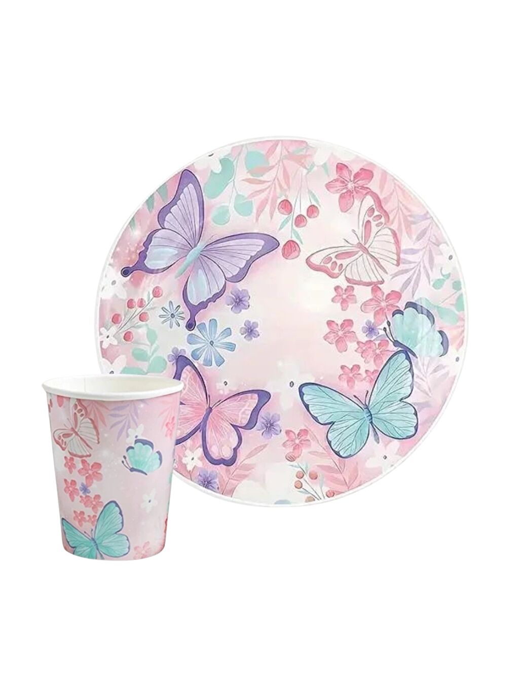 Pembe Kelebek Desenli 8'li Tabak Bardak Set