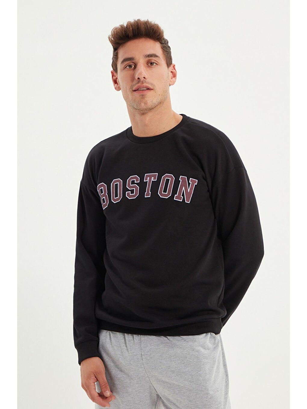 Trendseninle Siyah SİYAH Erkek Boston Baskılı Uzun Kollu Bisiklet Yaka Baskılı Sweatshirt