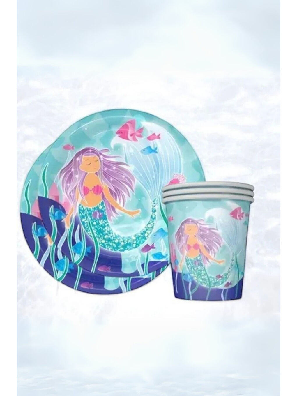 Karışık Çok Renkli Deniz Kızı Temalı 8'li Tabak Bardak Set