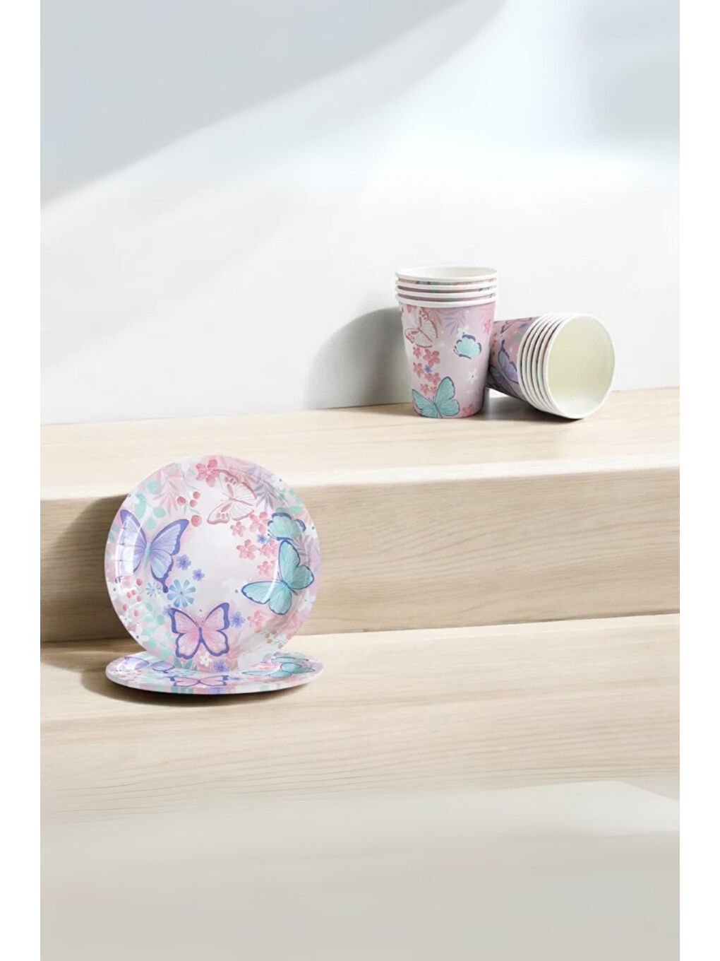 Pembe Kelebek Desenli 8'li Tabak Bardak Set-3