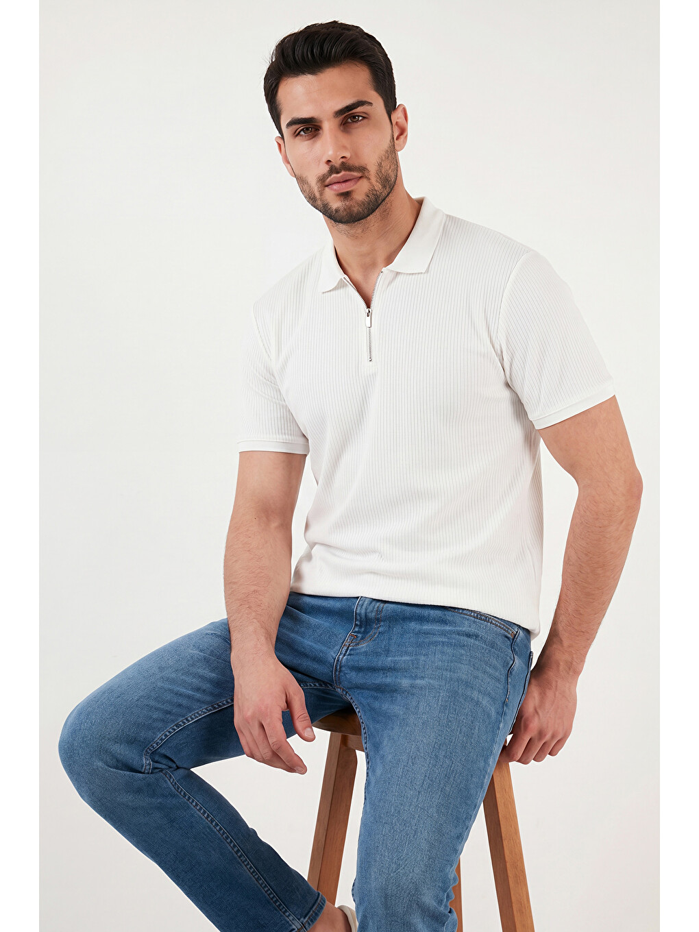 Ekru Pamuklu Regular Fit Fermuarlı Polo Yaka %100 Pamuk Tişört 5902738-5