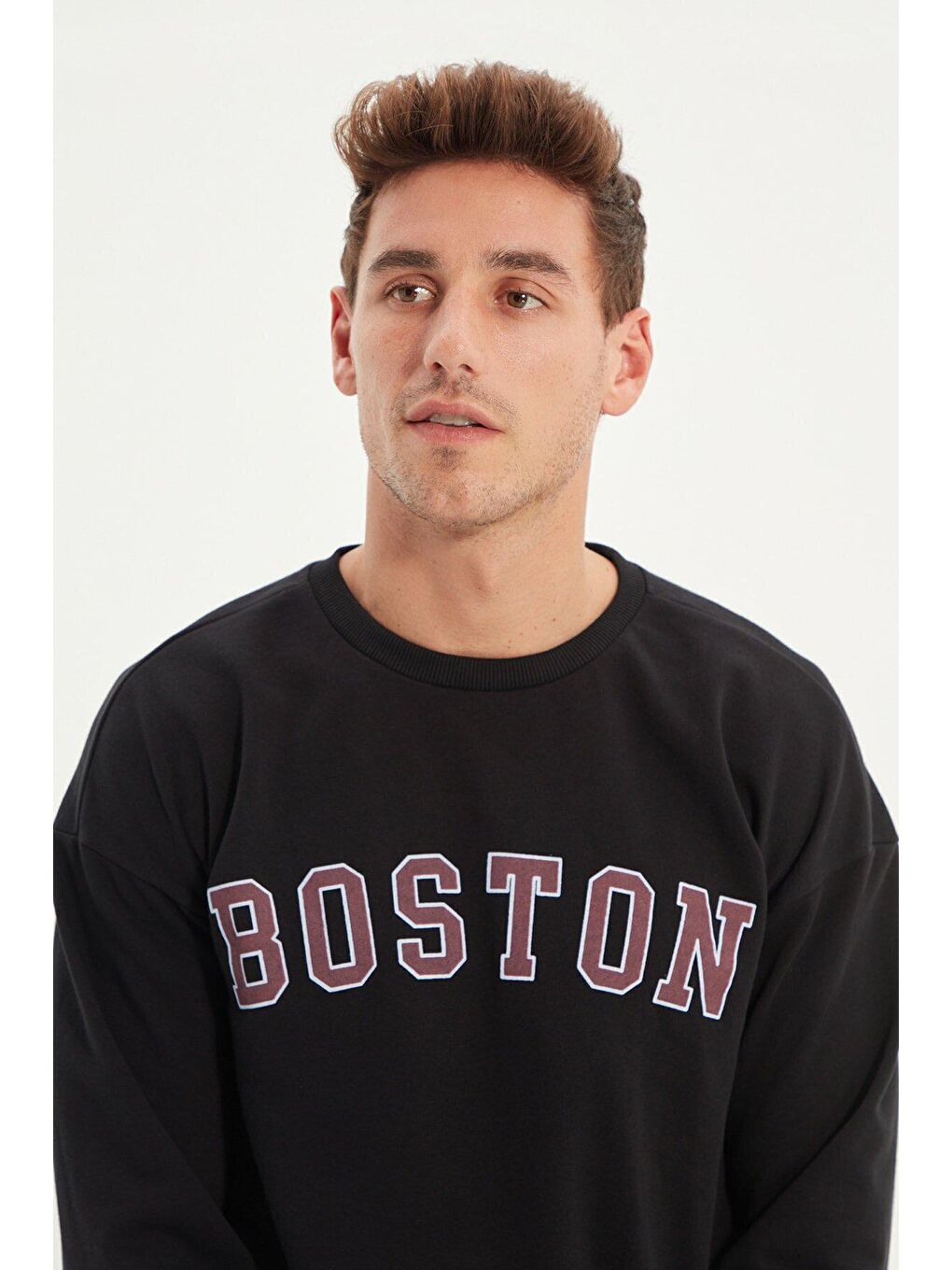 Trendseninle Siyah SİYAH Erkek Boston Baskılı Uzun Kollu Bisiklet Yaka Baskılı Sweatshirt - 2