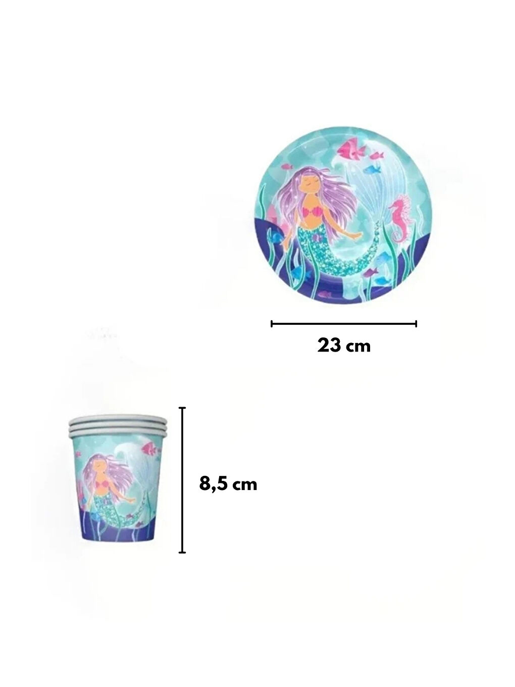 Karışık Çok Renkli Deniz Kızı Temalı 8'li Tabak Bardak Set-2