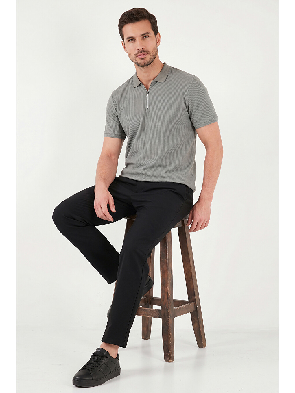 Haki Pamuklu Regular Fit Fermuarlı Polo Yaka %100 Pamuk Tişört 5902738-5