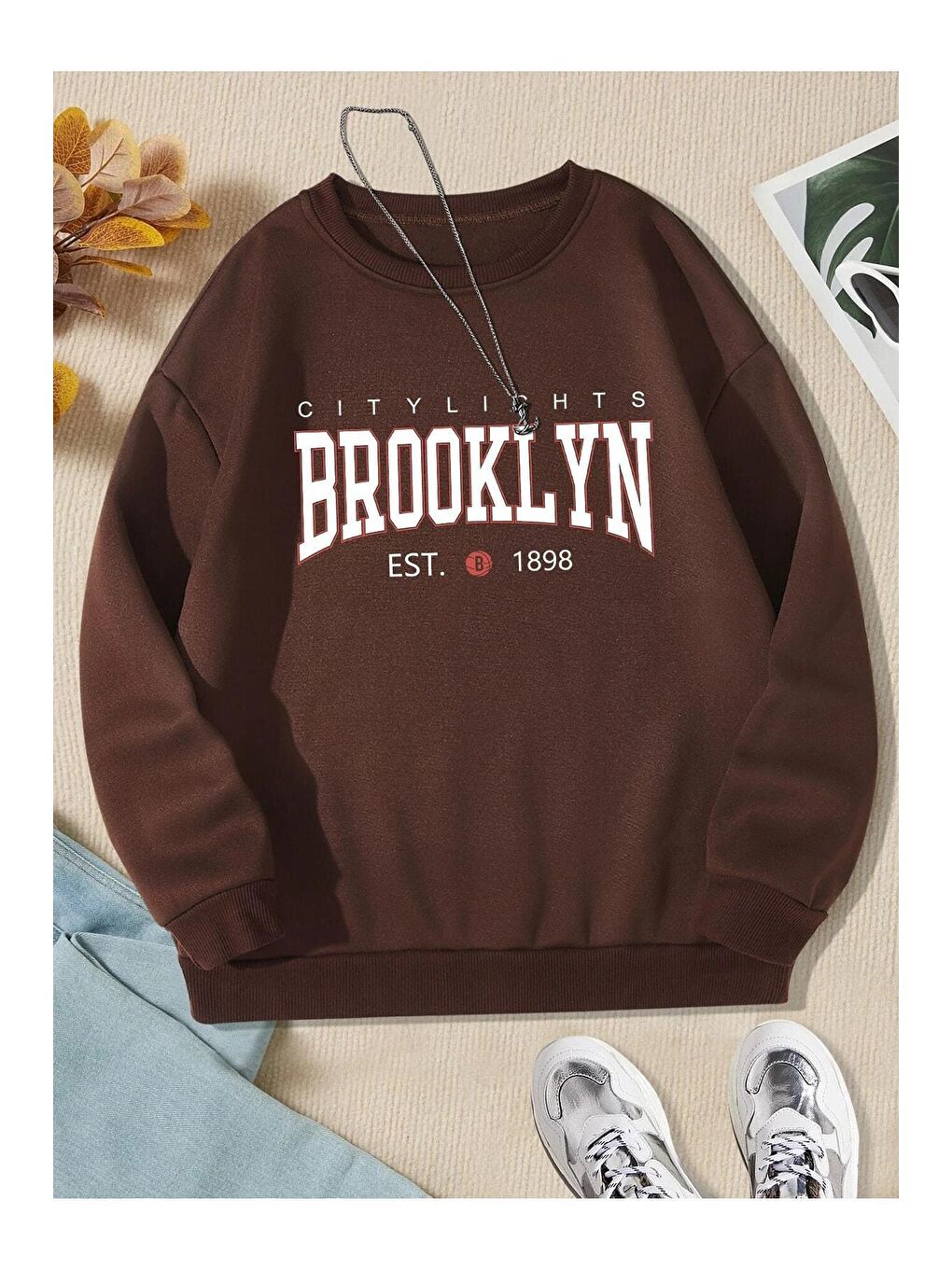 Trendseninle Kahverengi Kadın Oversize Brooklyn Citylights Baskılı Sweatshirt