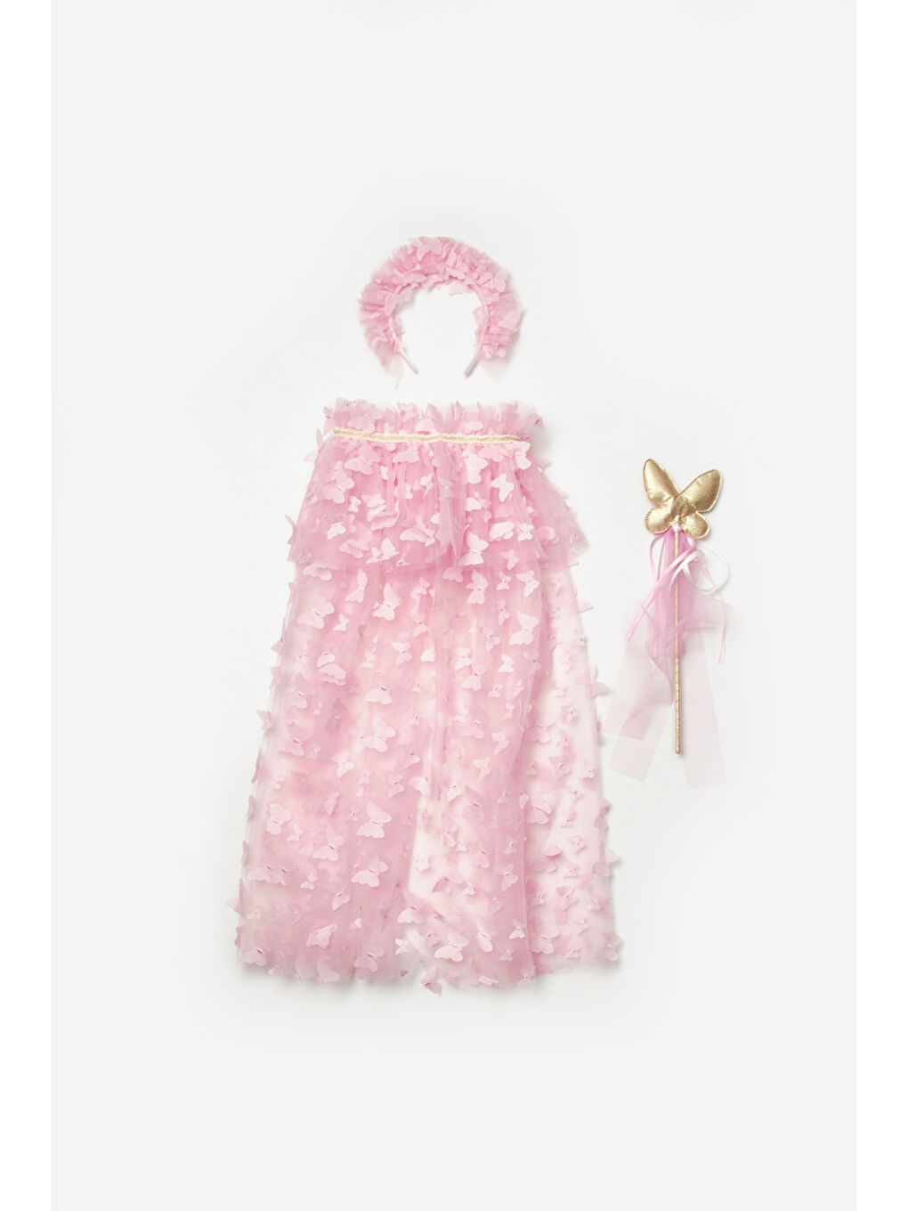 Pembe Kelebek Aplikeli Kız Çocuk Pelerin Asa Taç Set-3