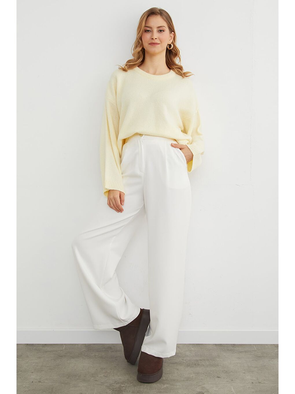 Sarı Basic Bisiklet Yaka Salaş Triko Kazak-1