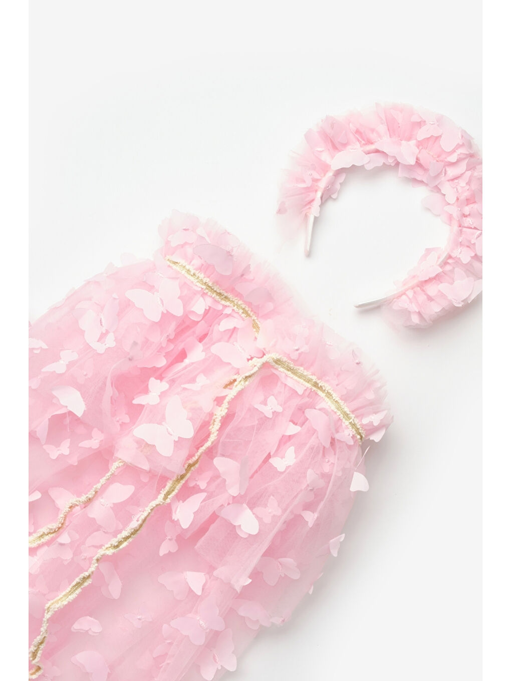 Pembe Kelebek Aplikeli Kız Çocuk Pelerin Asa Taç Set-4