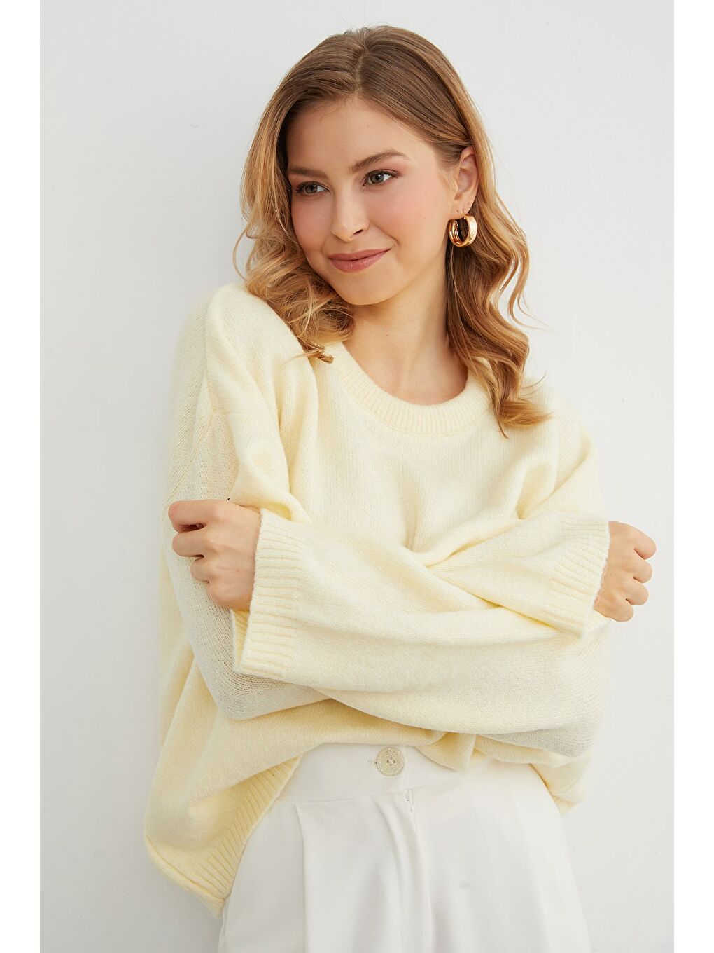 Sarı Basic Bisiklet Yaka Salaş Triko Kazak-3