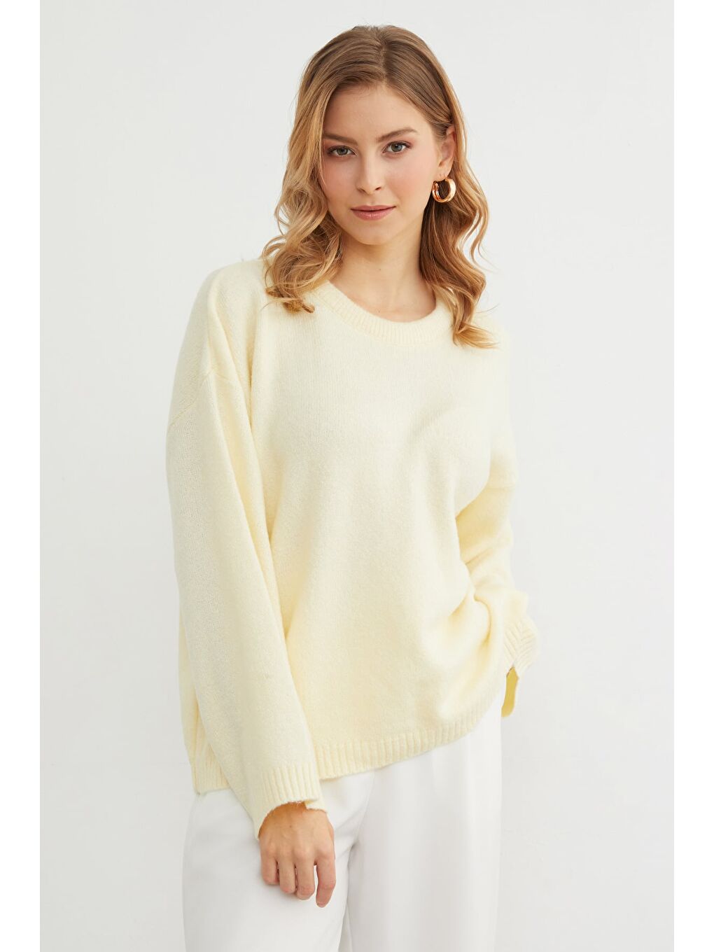 Sarı Basic Bisiklet Yaka Salaş Triko Kazak-4