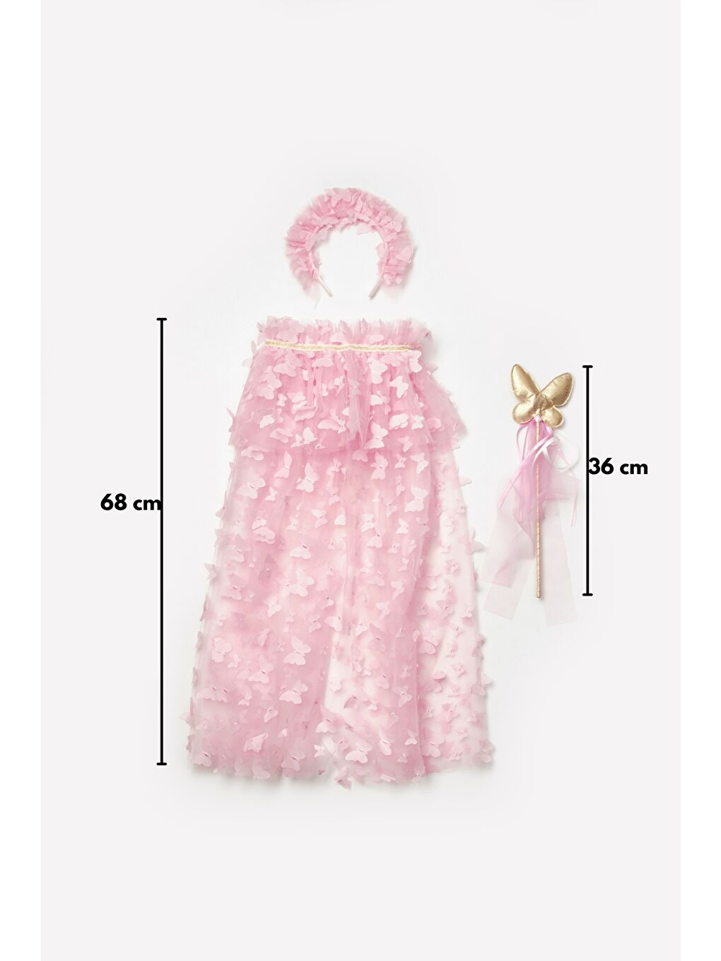 Pembe Kelebek Aplikeli Kız Çocuk Pelerin Asa Taç Set-5