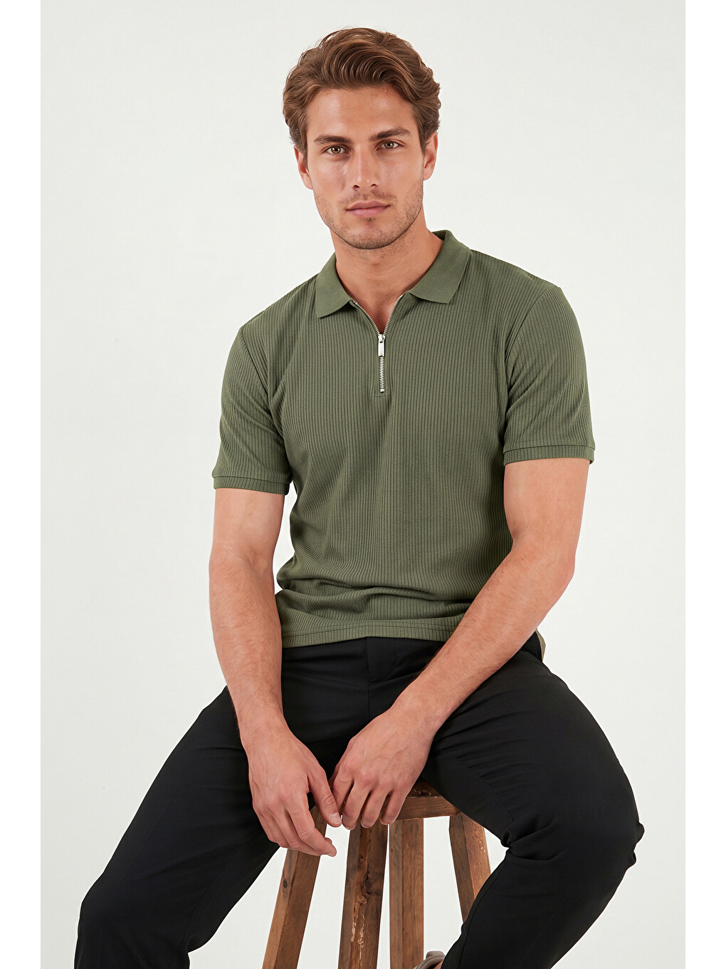 Haki Pamuklu Regular Fit Fermuarlı Polo Yaka %100 Pamuk Tişört 5902738-5