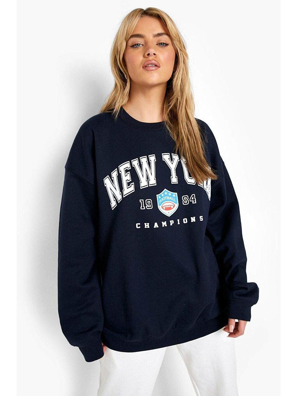 Lacivert Kadın LACİVERT New York Baskılı Oversize Sweatshirt