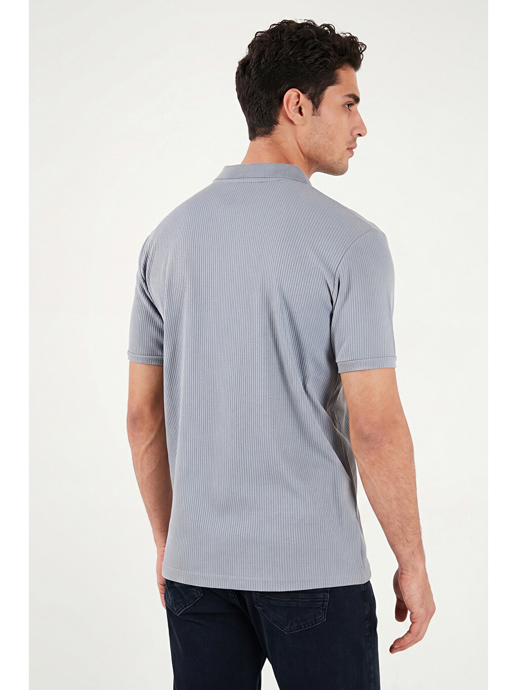 Gri Pamuklu Regular Fit Fermuarlı Polo Yaka %100 Pamuk Tişört 5902738-6