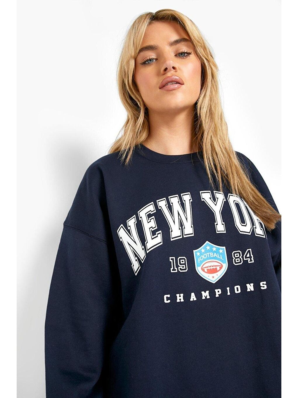 Lacivert Kadın LACİVERT New York Baskılı Oversize Sweatshirt-1