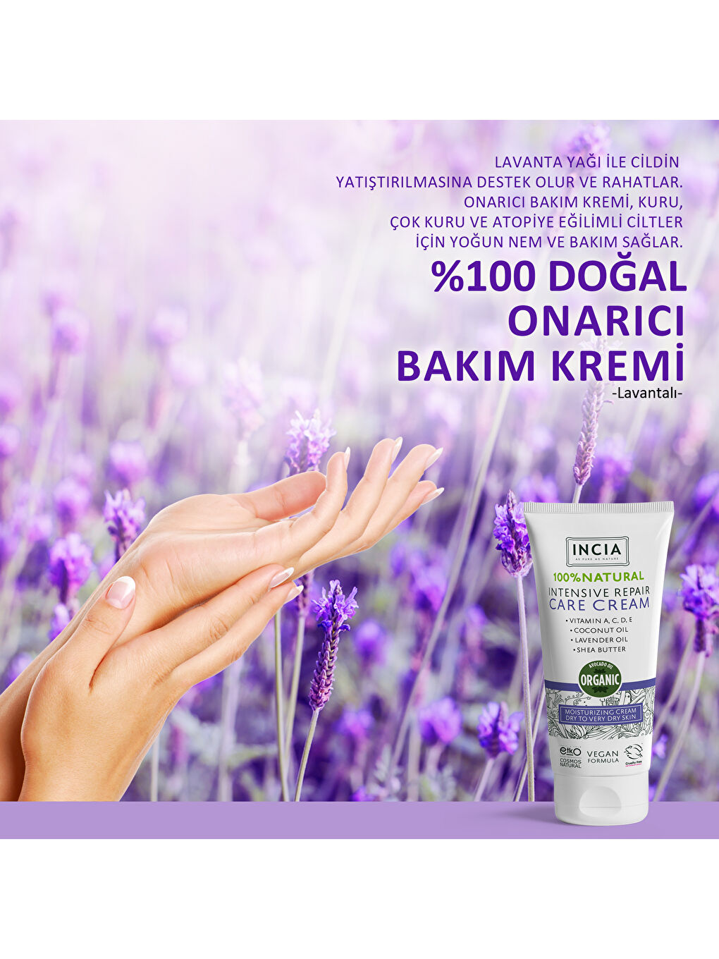 %100 Doğal Onarıcı Bakım Kremi Yoğun Nemlendirici Cilt Bakım Lavanta Avokado Shea Vegan 50 ml-4
