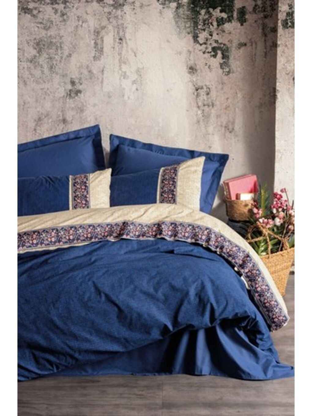 Karışık Pamuk Box Folk Ark Çift Kişilik Nevresim Takımı Rayen Lacivert