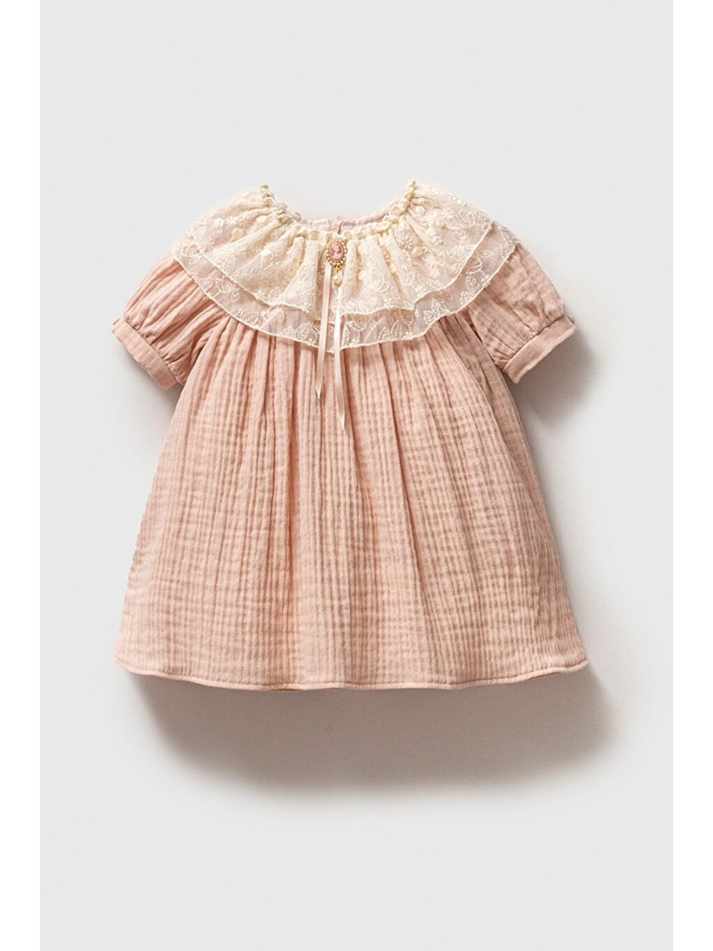 Pembe Yaka Detaylı Müslin Kız Bebek Elbise - Tina