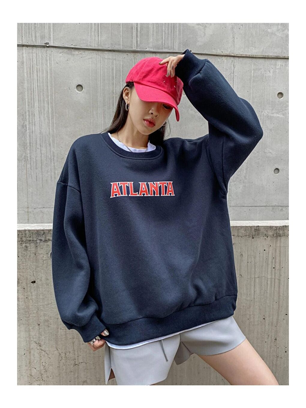 Trendseninle Lacivert Kadın Oversize Lacivert Atlanta Baskılı  Sweatshirt