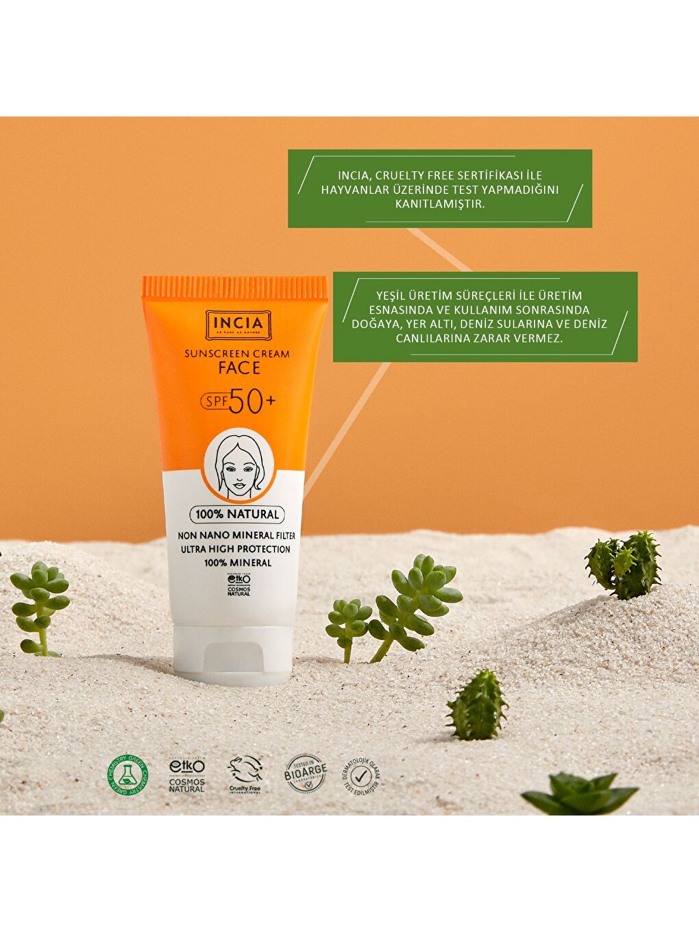 %100 Doğal Yüz Güneş Kremi Leke Karşıtı Mineral Filtreli Yüksek Koruma SPF 50+ UVA UVB 50 ml-5