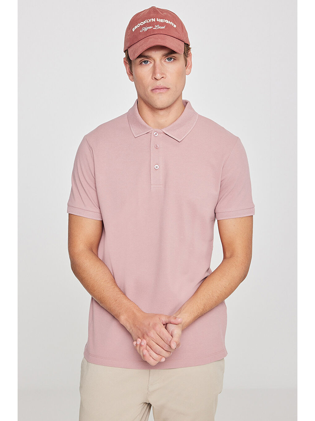 Pembe Erkek Gül Kurusu Slim Fit Dar Kesim Polo Yaka %100 Pamuk Kısa Kollu Tişört-1