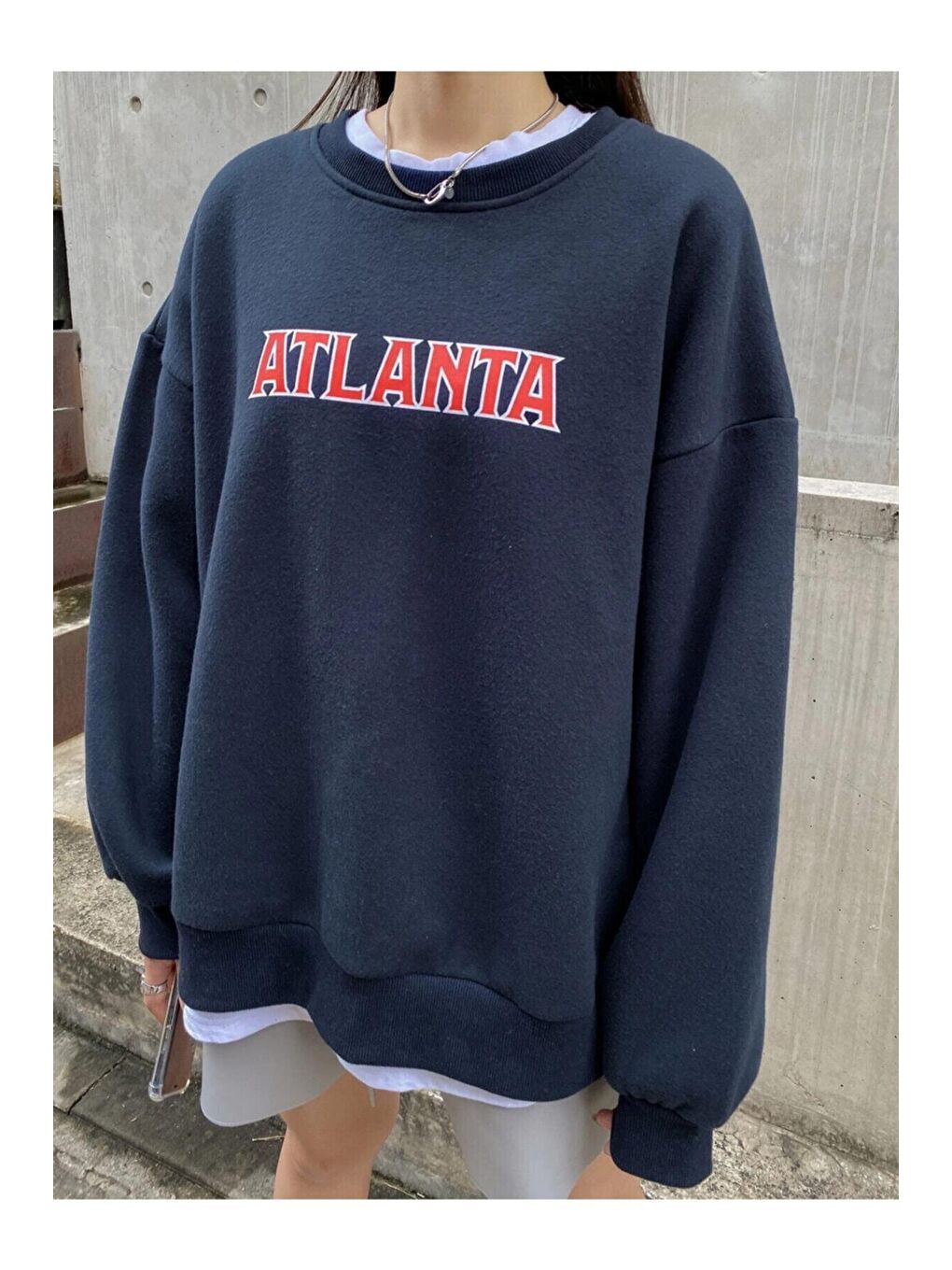 Trendseninle Lacivert Kadın Oversize Lacivert Atlanta Baskılı  Sweatshirt - 3