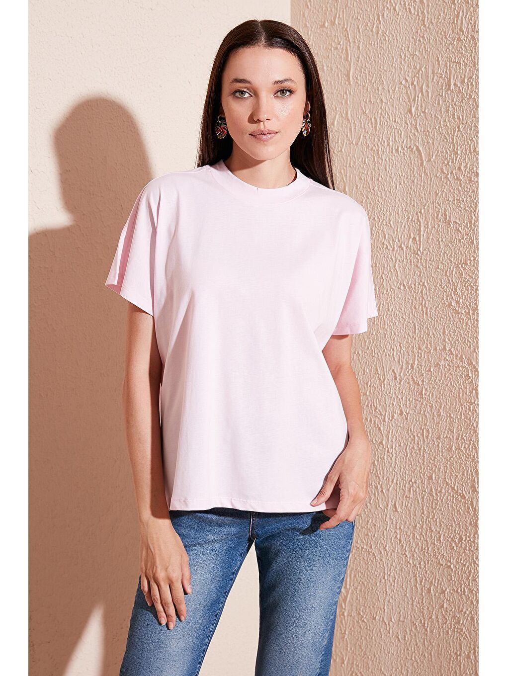 Lela Açık Pembe Oversize % 100 Pamuk Bisiklet Yaka Basic T Shirt 5864489