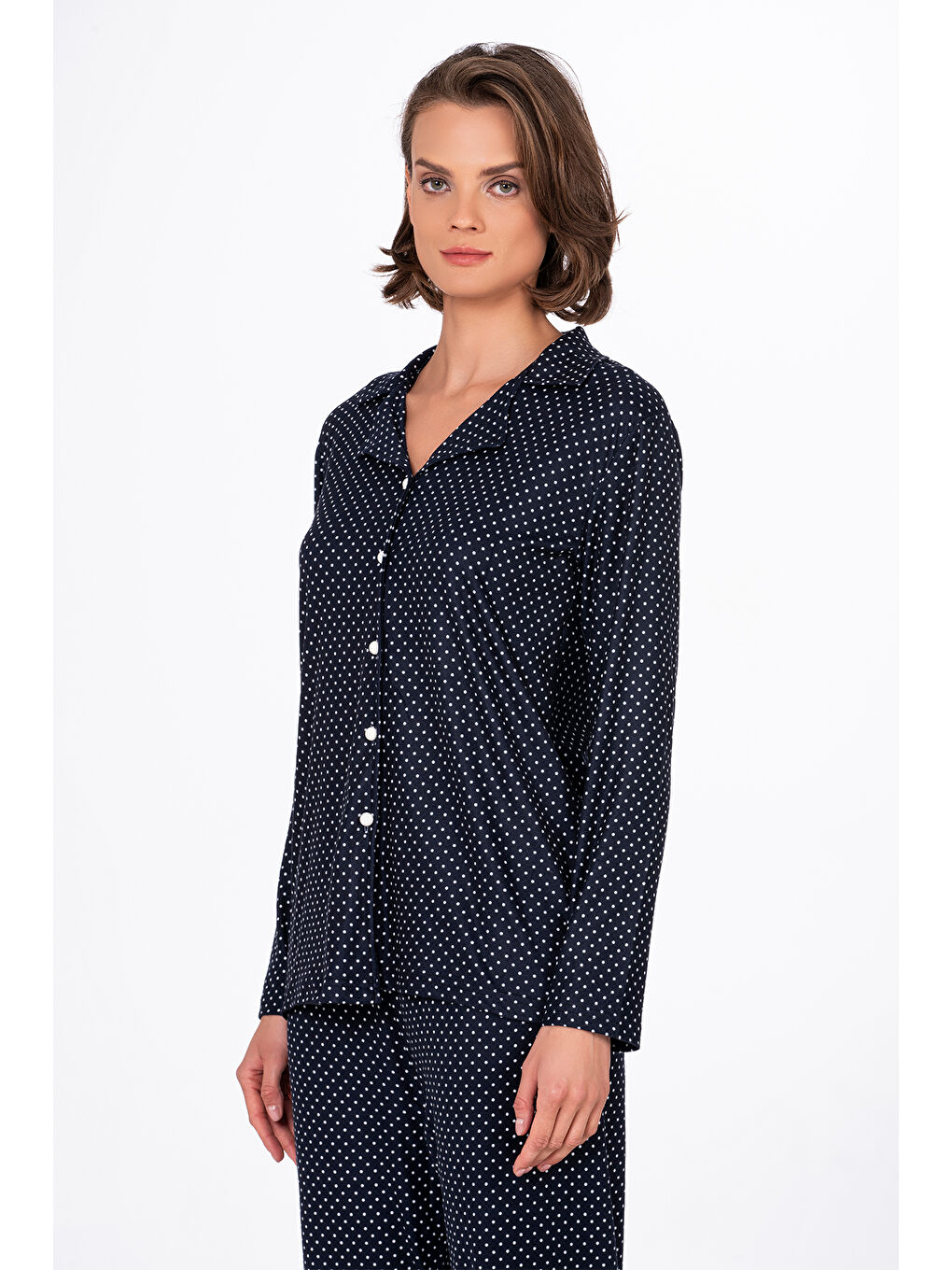 Lacivert Kadın Süet Önden Düğmeli Pijama Takımı | Puantiyeli-1