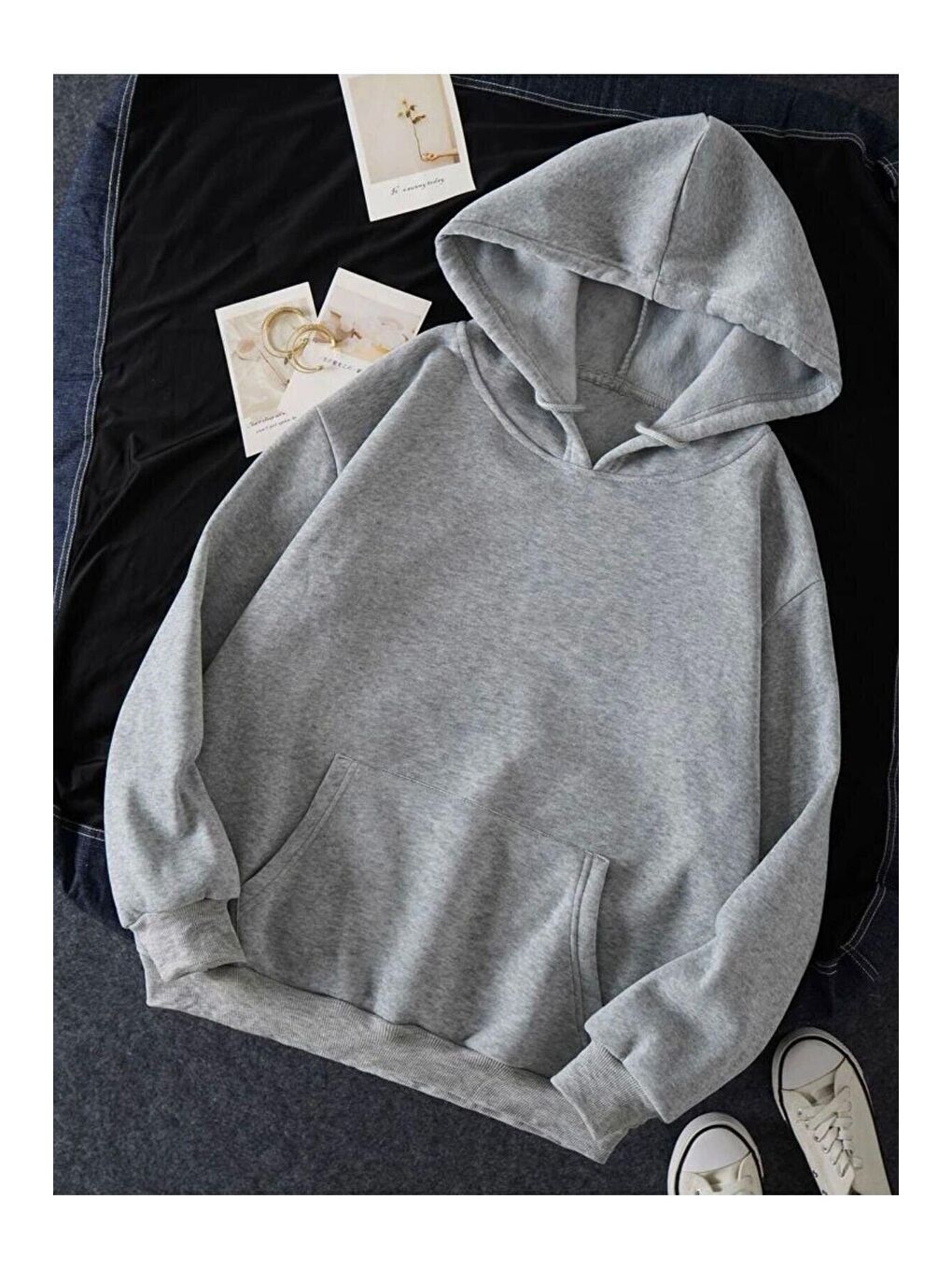 Trendseninle Gri Kapüşonlu Sweatshirt