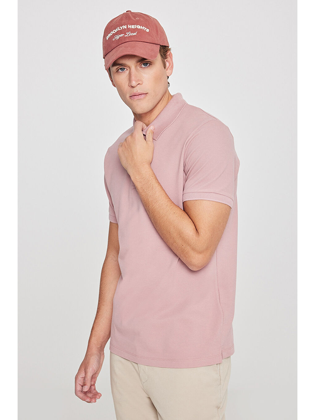 Pembe Erkek Gül Kurusu Slim Fit Dar Kesim Polo Yaka %100 Pamuk Kısa Kollu Tişört-5