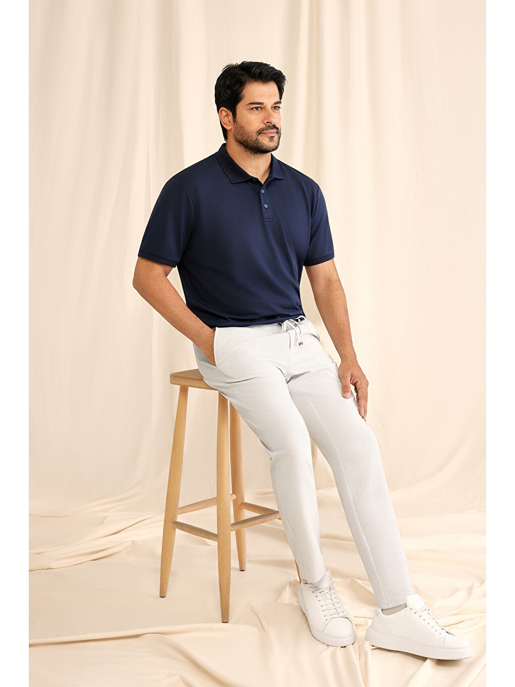 Erkek Lacivert Slim Fit Dar Kesim Kıvrılmaz Polo Yaka Kısa Kollu Tişört