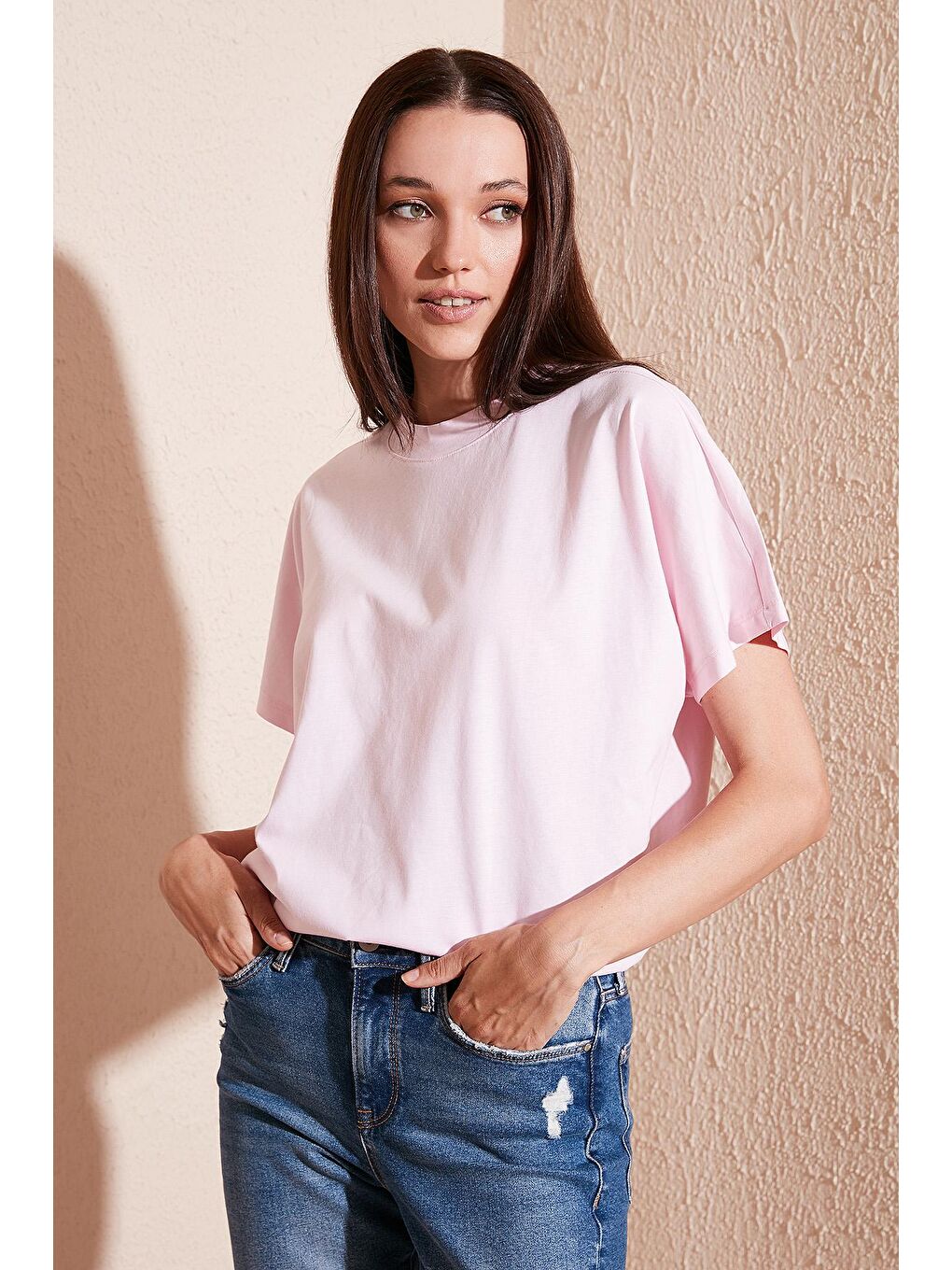 Lela Açık Pembe Oversize % 100 Pamuk Bisiklet Yaka Basic T Shirt 5864489 - 1