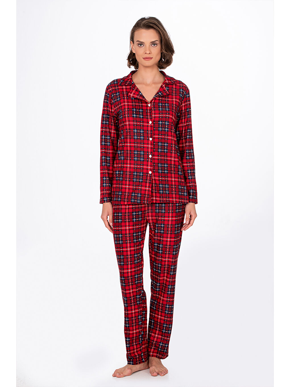 Kadın Süet Önden Düğmeli Pijama Takımı | Ekose Kırmızı