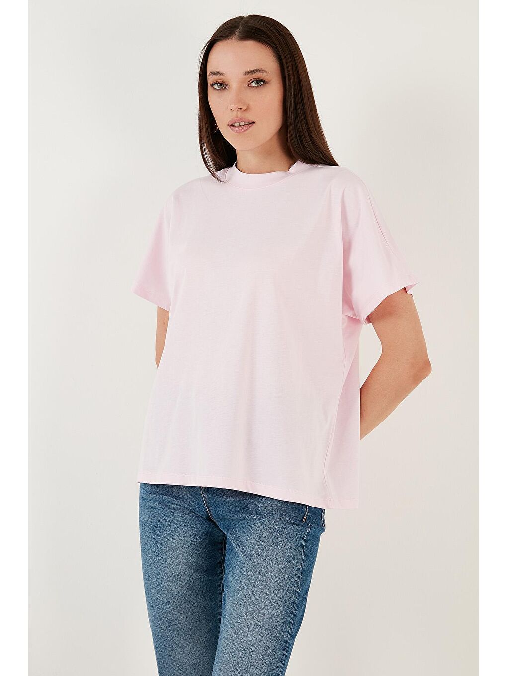 Lela Açık Pembe Oversize % 100 Pamuk Bisiklet Yaka Basic T Shirt 5864489 - 2