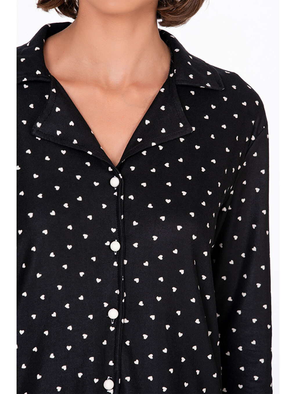 Kadın Süet Önden Düğmeli Pijama Takımı | Kalpli Siyah-2